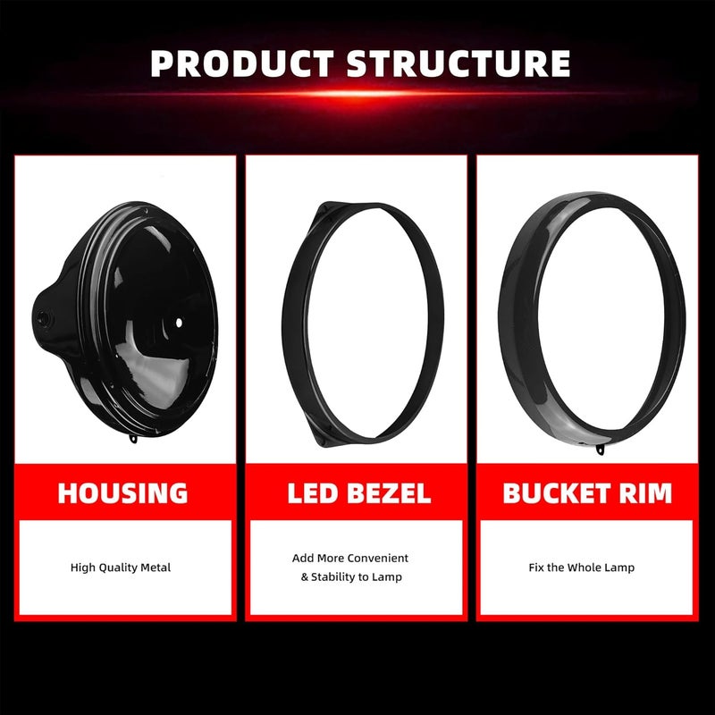 FATECIM 5.75" Round Motorcycle Headlight Bucket Housing Side Mount 5-3/4 Inch LED Headlamp Shell Protective Cover for Harley Kawasaki Honda Yamaha Suzuki Chopper Cafe Racer Bobber Gloss Black - Image 2